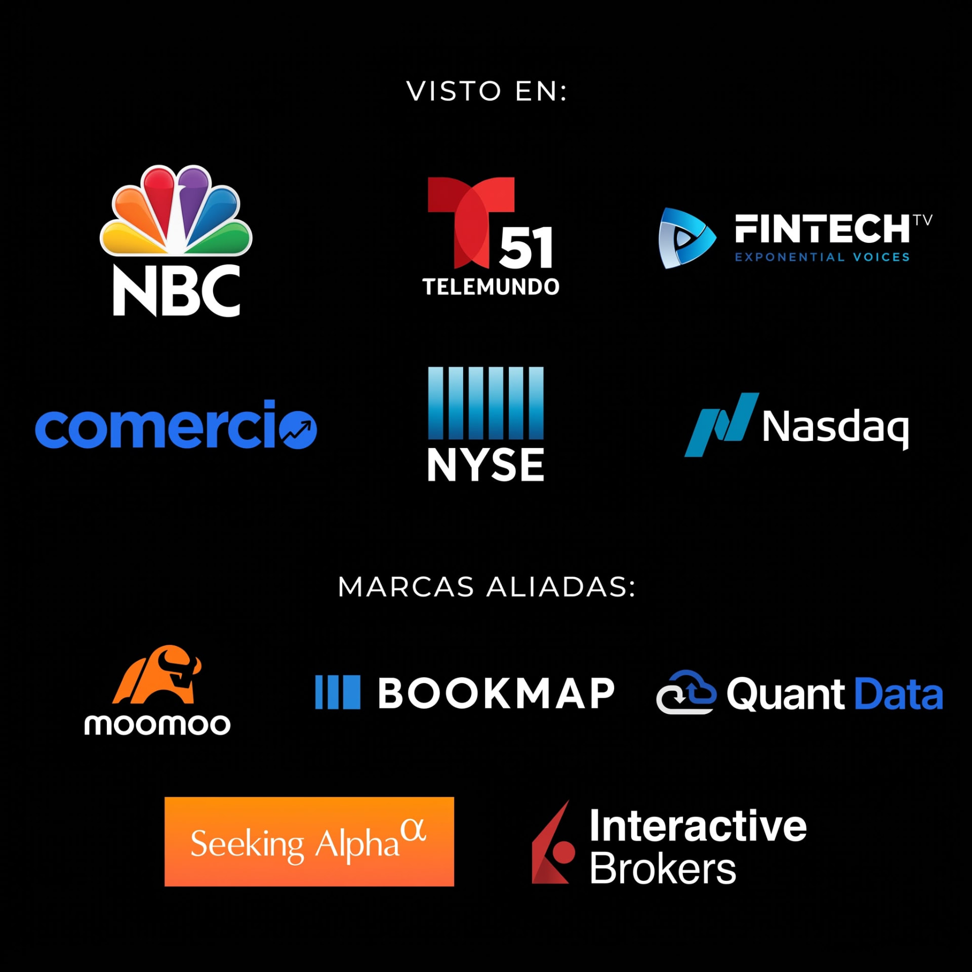 Visto en: NBC, Telemundo 51, FintechTV, Comercio, NYSE, Nasdaq. Marcas aliadas: Moomoo, Bookmap, Quant Data, Seeking Alpha, Interactive Brokers