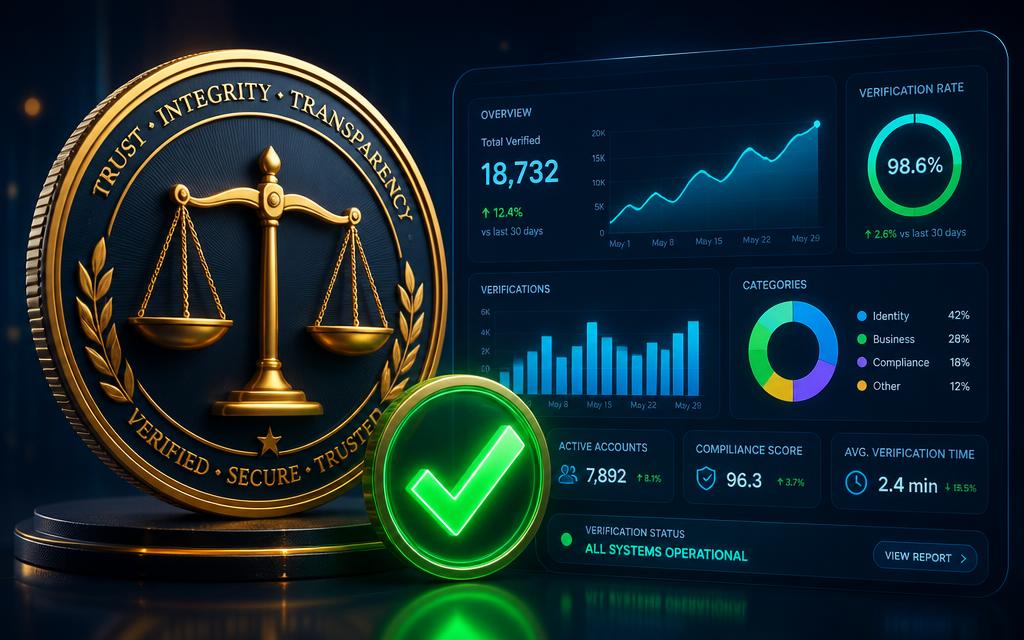 Sello con balanza técnica, dashboard de métricas y check de verificación