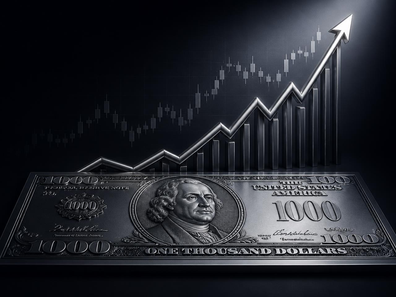 Mil dólares creciendo de forma exponencial en un gráfico ascendente
