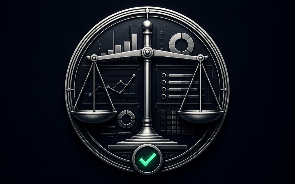 Sello con balanza técnica, dashboard de métricas y check de verificación