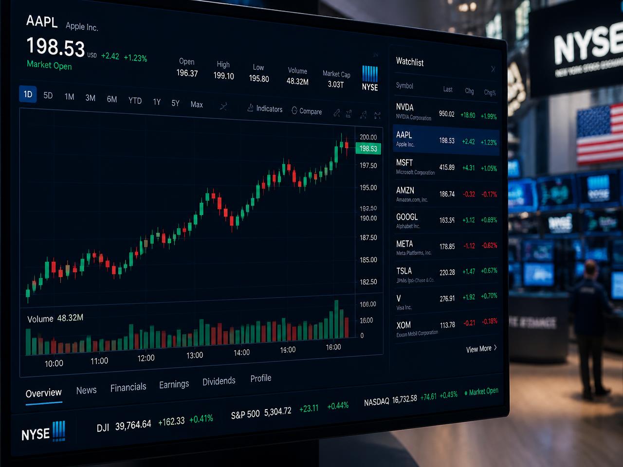 Gráfico de velas de acciones de la Bolsa de Nueva York con watchlist de NVDA, AAPL y MSFT